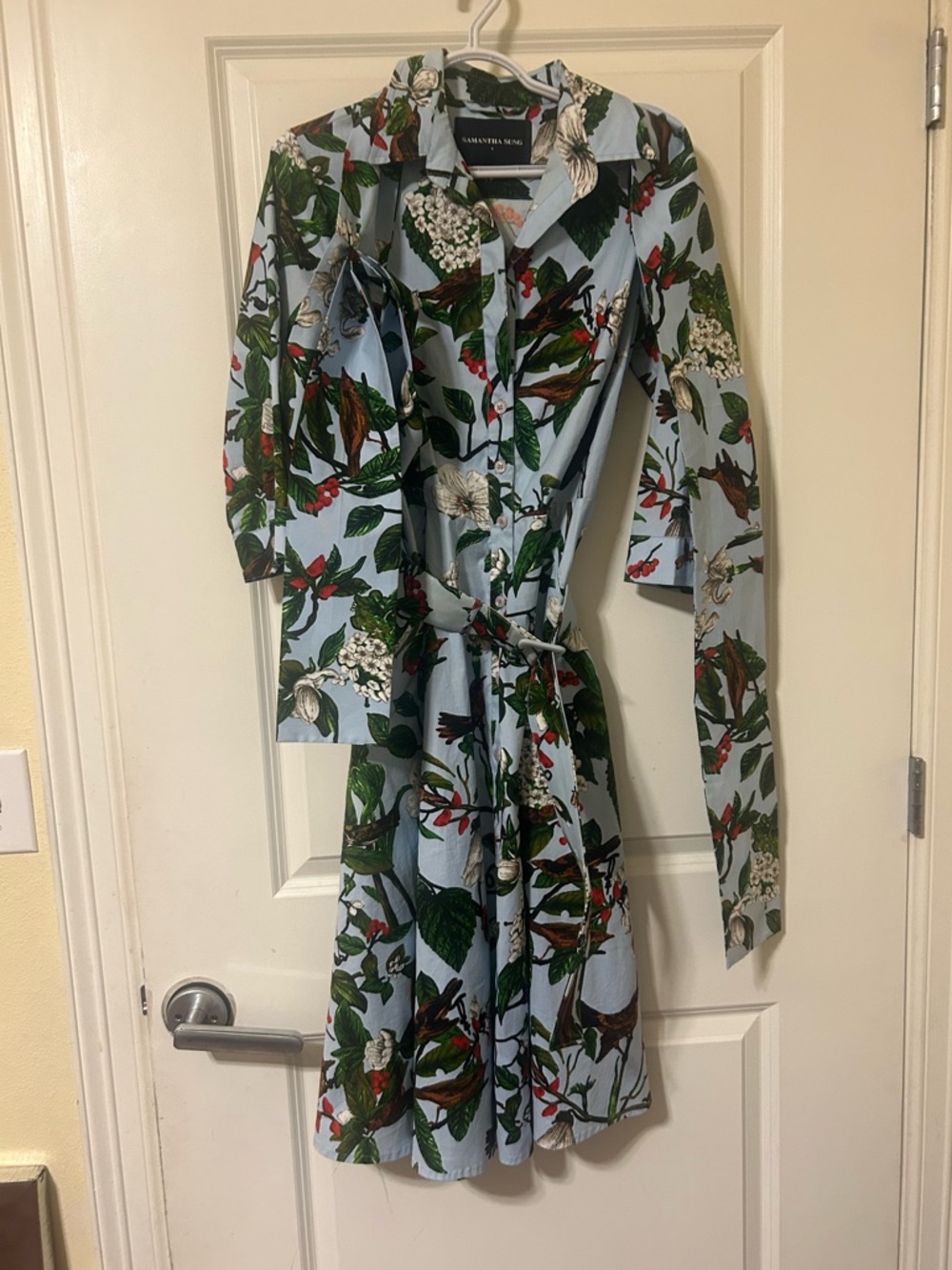 SAMANTHA SUNG Light Blue Botanical Shirt Dress with Tie Belt 6